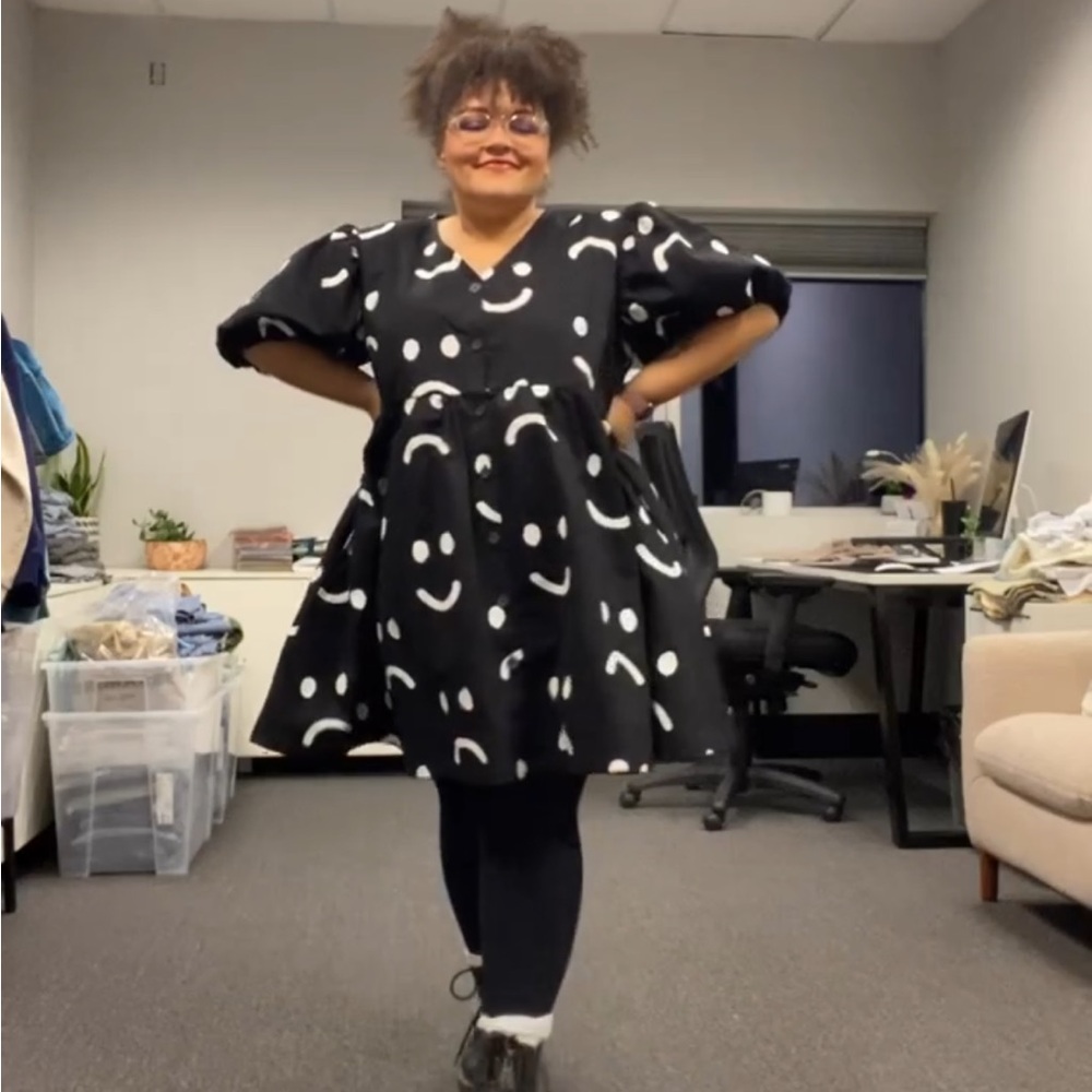 Lazy Oaf Black Dress Happy Sad Puff Sleeve Dress - Picture 4 of 6